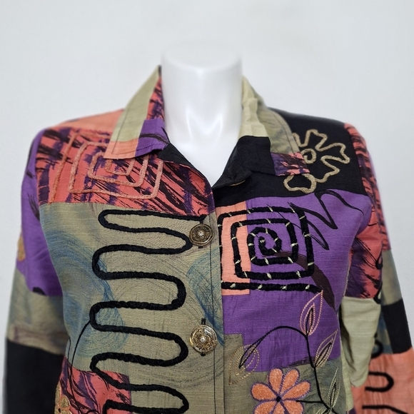 Alex Kim Multicolor Embroidered Floral Patchwork Bohemian Art to Wear Jacket- M - Picture 2 of 13